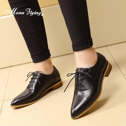 Mona Flying Genuine Leather Oxfords Flats Lace-up Pointed Toe Hand-made Wingtip Derby Saddle Shoes for Women Girls New Y089-2