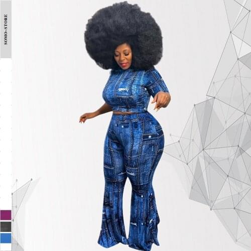 Cowboy Women Plus Size Two Piece Outfits 2021 Casual Short Sleeve Tops Fashion High Waist Pants Sets Wholesale Dropshipping