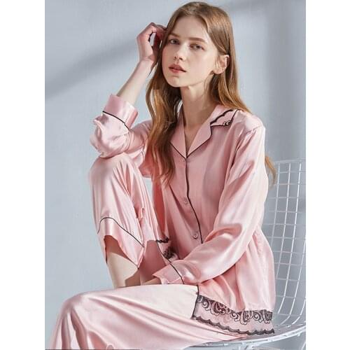 Women 19 m/m Real Silk Pajamas Set Brand 2020 Solid Pyjama Set Femme Sleep Lounge Bedgown 100% Hangzhou Silk Sleepwear Pijama