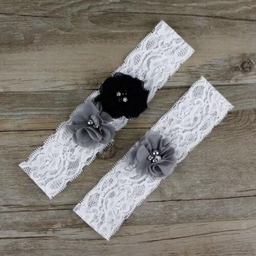 2pcs/Lot Sexy Wedding Garters Set Pearl Beaded Bridal Toss Garter Keep Garter White Lace Black grey Puff Flower decoration
