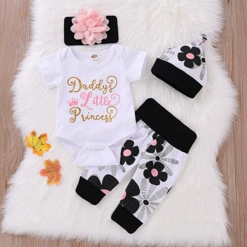 2021 Summer Casual Baby Girl Clothes Sets Short Sleeve Letters Print Romper Tops Floral Trousers Headband Hat Outfits Clothes