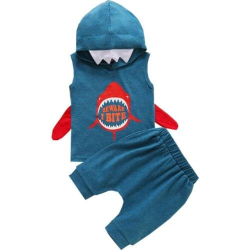 2021 New Summer 0-24M Baby Boy 2Pcs Set Shark BEWARE I BITE Letter Print Hooded 3D Teeth Sleeveless Top+Navy Blue Pants Clothes
