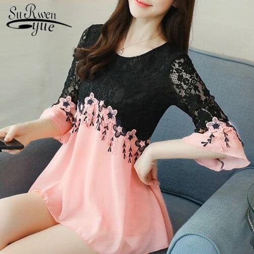 2021 fashion chiffon women shirt blouses flare sleeve lace patchwork women tops plus size o-neck women clothing blusas D583 30