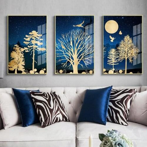 3 Pieces Abstract Canvas Painting Golden Trees Forest Landscape Print Poster Nordic Wall Art Pictures For Living Room Decoration