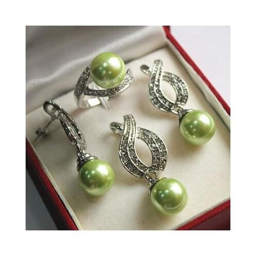 Nobility Lucky womens natural AAA 12mm Green Shell Pearl Pendant Necklace Earrings Ring Set hook