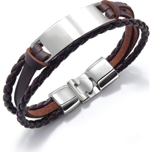 Dropshipping Personal Logo Engraved Bracelet For Men and Women Handmade Genuine Leather Stainless Steel Bracelet and Bangles