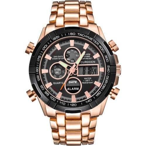 CURDDEN Brand Watches Mens Full Steel Gold Chronograph Watch Men Dual Time Waterproof Digital Watches Montres de Marque de Luxe