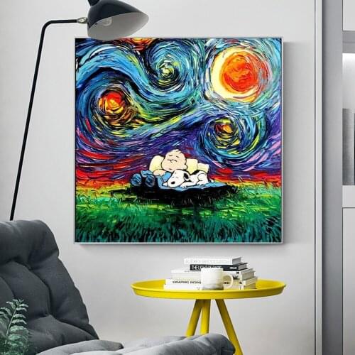 Cartoon Kid and Dogs under Van Goghs Starry Sky Posters and Prints Wall Art Canvas Painting for Children Room Cuadro Home Decor