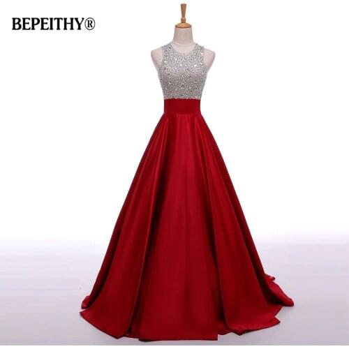 Real Image A Line Long Evening Dress Beadings Crystal Bodice Open Back Party Elegant 2021 Vestido De Festa New Prom Gowns