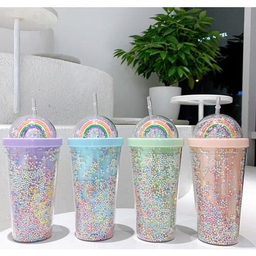Double Layers Rainbow Plastic Water Bottle With Straw Korean style Creative Sweet Mug For Milk Coffee Tea Cup 550ml 19.5*10.5cm