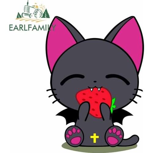 EARLFAMILY 13cm x 9.8cm for Demon Cat with Strawberry Car Stickers Refrigerator Surfboard Decal Windshield Anime RV Car Styling