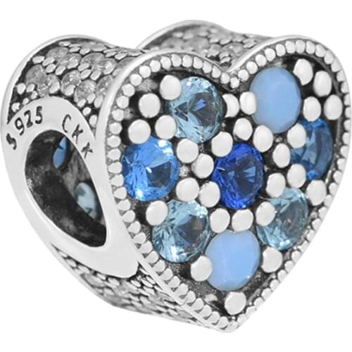 Fandola CKK 925 Sterling Silver Bright Heart Charms Bead, Blue Crystals Fit Pandora Bracelet Charms Making Necklace collar fino