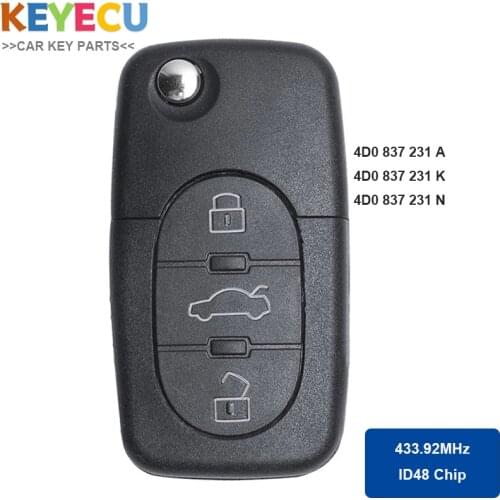 KEYECU 433.92MHz ID48 P/N: 4D0 837 231 A / K / N Flip 3 Button Remote Car Key Fob for Audi A3 A4 A6 A8 S6 TT Quattro