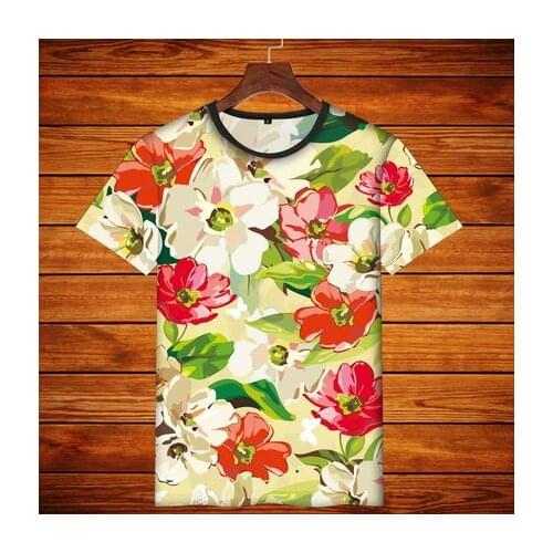 Chinese Ethnic Style Brand Printed Short-sleeved T-shirt Plant Flower Rose Oversized T Shirt Men and Women Couples