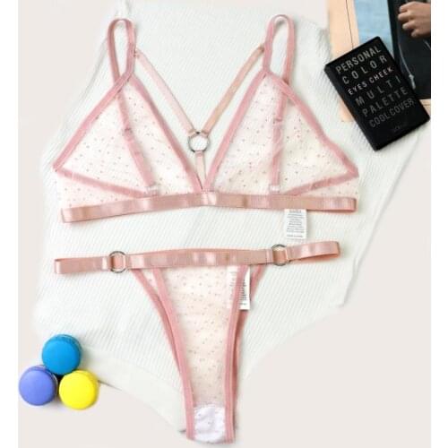 Female Lingerie Set Adults Dots Print Mesh See-Through Brassiere+ Thong Panties for Women Ladies Honeymoon Holiday Exotic Sets