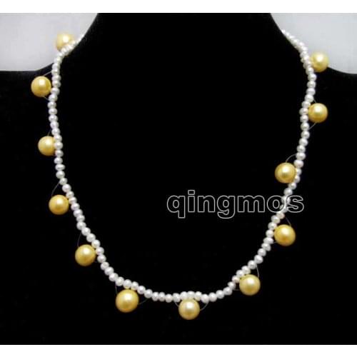 Beautiful 5-6mm White and 9-10mm Yellow Round Natural freshwater pearl 17'' Necklace-nec6408