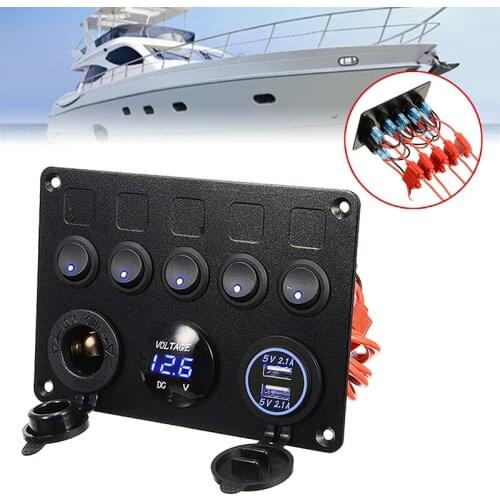 1pc Car Marine Boat Blue LED 5 Rocker Switch Panel Waterproof Circuit Digital Voltmeter Dual USB Port 12V Outlet