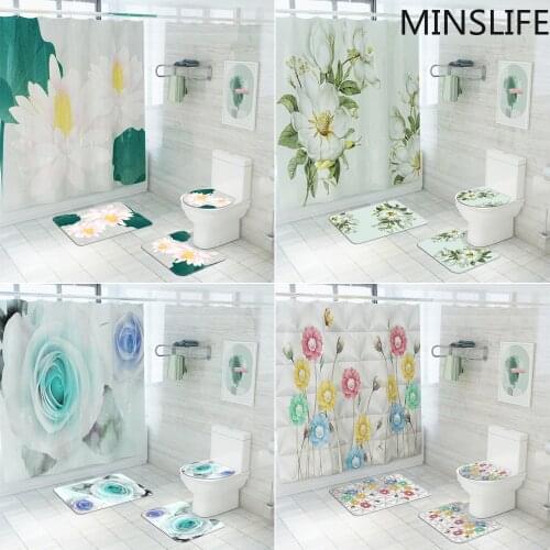 White Flowers Printed Bathroom Sets with Waterproof Shower Curtains and Rugs Carpet Toilet Cover Bath Mat Pad Bathroom Decor