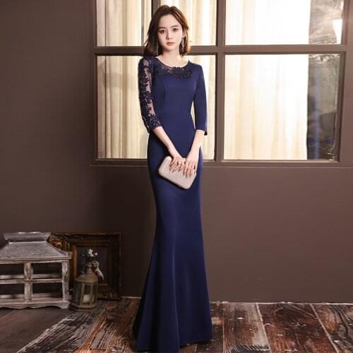 New Embroidery O-Neck Evening Dresses Three Quarter Sleeve Mermaid Fashion Floor-length Plus size Women Formal Party Dress C1093