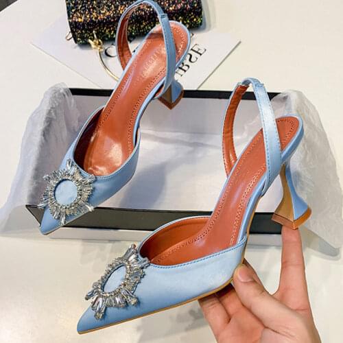 New Big Size 41 42 Blue Women Pumps Silk Satin Pointy Toe Rhinestone Crystal High Heels Shoes Slip On Women Wedding Pumps Sandal