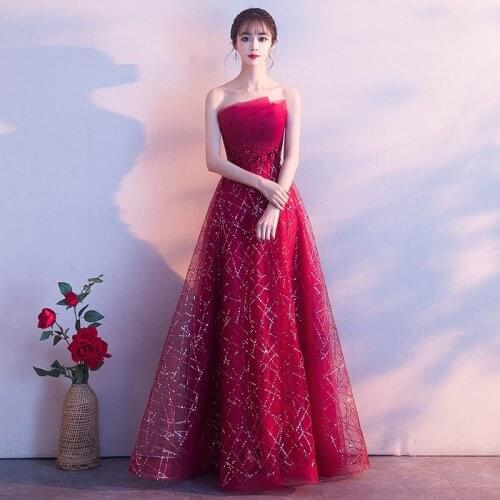 New Design Noble Appliques Evening Dress Bride Luxury Burgundy Tube Top Tulle Prom Party Dress Toast Clothing вечернее платье