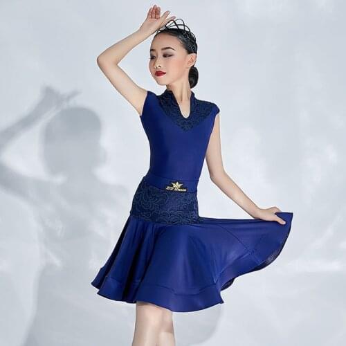 Girls Latin Dance Competition Dress Royal Blue Lace Fishbone Professional Dance Costume Samba Cha Cha Dancer Stage Wear VDB3419