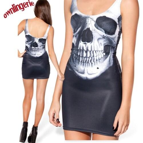 Free shipping cheap women sleeveless tank top style skull printed Tight dress,gothic clubwear clothing mini Tight dress