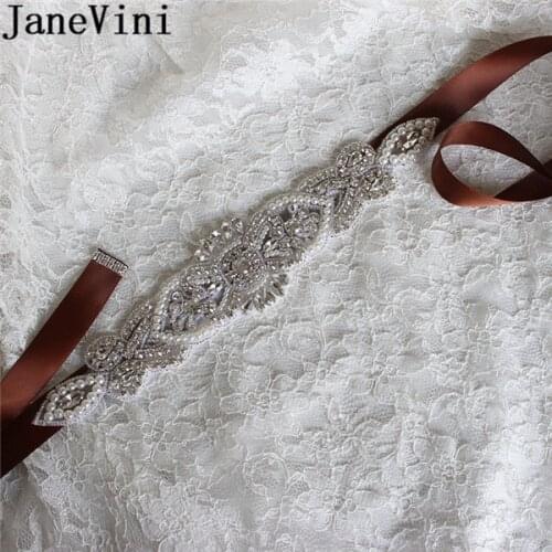 JaneVini Luxury Pearl Crystal Bridal Belts Brown Bling Stones Wedding Dress Belt Wedding Accessories Satin Bride Ribbon Sashes