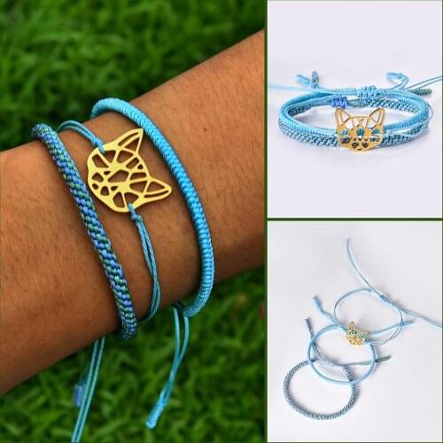 Handmade 3 pcs Gold cat and sleeping silver cat Braided bracelet Multilayer Rope Wristband Bracelet & Bangles Handmade Jewelry
