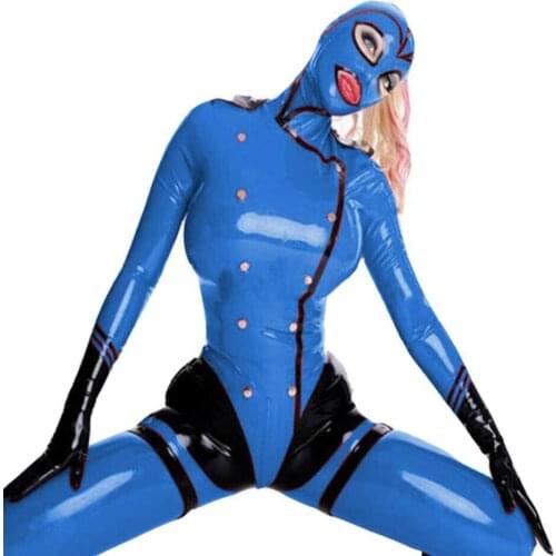 Sexy Blue Full Body Rubber Latex Bodysuit Catsuit Mask Overall Customize