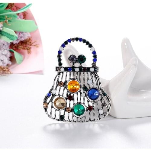Blue Embossed Rhinestone Bag Shape Brooches for Women Enamel Brooch Pins Jewelry Accessories