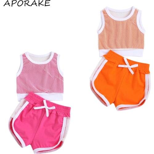 2021 0-18M Sports Summer Baby Girl Clothes Set Mesh Patch Sleeveless Crop Top Vest+Bow Shorts Casual Outfits 2pcs
