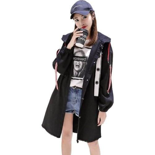 Vintage Black Hooded Denim Trench Coats Women 2020 Autumn Fashion Jeans Long Coats Long Sleeve Plus Size Outwear Clothes