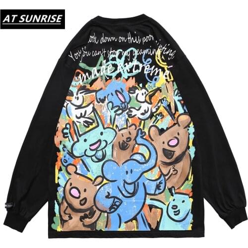 Hip Hop Streetwear Oversize T Shirt Graffiti Painting Little bear Letter Print Tshirt Men Harajuku Cotton Long Sleeve T-Shirt