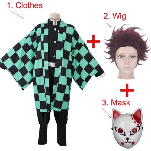 Halloween Adult Funny Mask Demon Slayer Kamado Tanjirou Sabito Full Set Cosplay Costume Plastic Mask Wig