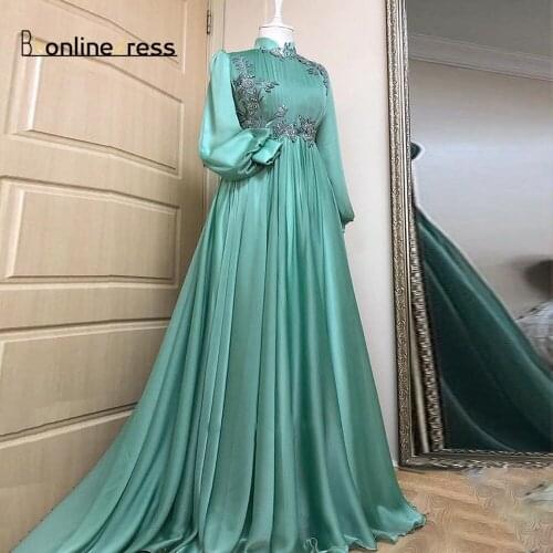 Gem Green Moroccan Evening Dresses Applique Formal Gown Arabic Dubai Muslim Long Sleeves Caftan Prom Dress Women Party Dresses