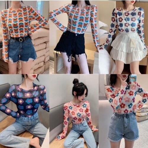 2021 Women Long Sleeve Tshirts Summer Floral Print Mesh Uv Protection Tops Ladies Knit Mesh Beach Casual Hawaiian Tops
