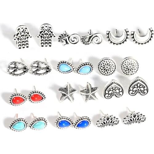 12 Pairs/set Bohemian Starfish Moon Hand Seahorse Stud Earrings Set for Women Geometric Heart Earring Brincos Vintage Jewelry