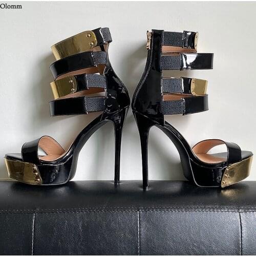 Olomm New Arrival Handmade Women Summer Sandals Platform Back Zipper Stiletto Heel Open Toe Black Party Shoes US Size 5-20