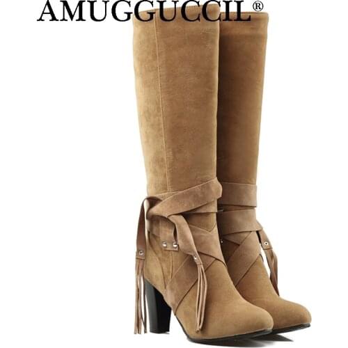 Plus Big Size 34-43 Black Brown Yellow Fringe Tassel Fashion High Heel Female Girl Lady Autumn Women Boots X1648