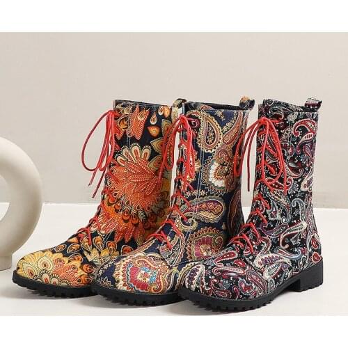 YMECHIC 2020 New Autumn Winter Med Chunky Heels Print Lace Up Knight Motorcycle Biker Boots Women Mid Calf Booties Ladies Shoes