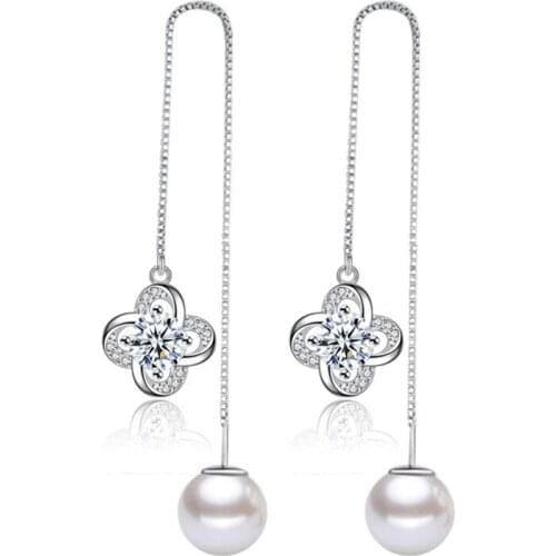 Hot Sale Promotion New Fashion Shiny Crystal Flower Pearl 925 Sterling Silver Drop Earrings for Women Jewelry Gift