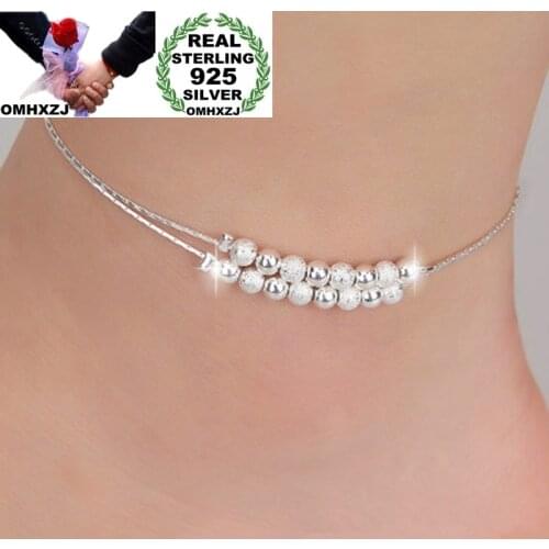 OMHXZJ Wholesale European Fashion Woman Girl Party Birthday Wedding Gift Sweet Beads Two Lines 925 Sterling Silver Anklet JL07