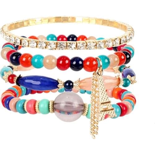 4pcs/pack Iron Tower Pendant One Direction Strand Bracelets Women Vintage Bohemian Bib Beads Charm Bangles Party Jewelry Gift