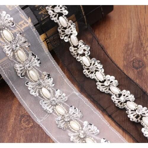 12Yards Sequin Flower Lace Collar 3D Exquisite Handmade Beads Lace Crystal Mesh Ribbon Pearl Trim Applique Wedding Accessories
