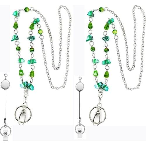 2 PCS Beautiful Womens Fashion Beads Lanyards Retractable Badge Reel Lanyard with ID Holder Stainless Steel Name Holder Clip