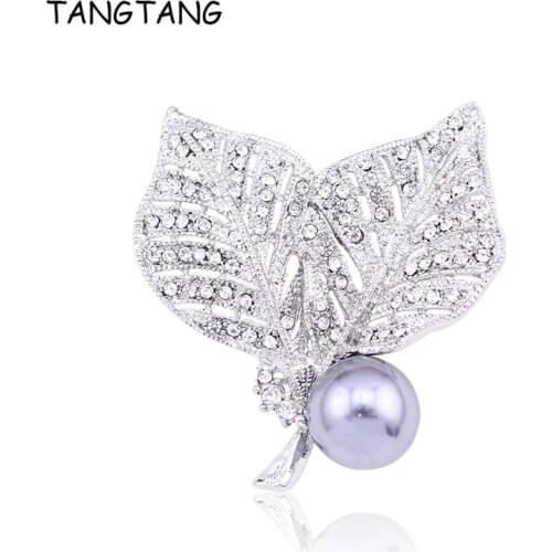 TANGTANG Grey Pearl Brooch Leaves Double Leafs Brooch Pin Unisex Ornament Accessories Pins Jewelry Plant Brooch Women Bijoux
