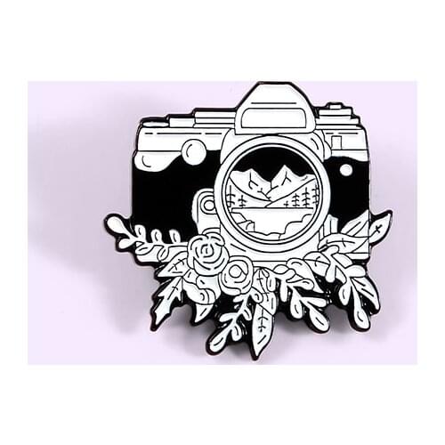 Black and white camera Enamel Brooch Natural scenery Ink Art Lapel Pin Backpack jackets punk badge jewelry for friends