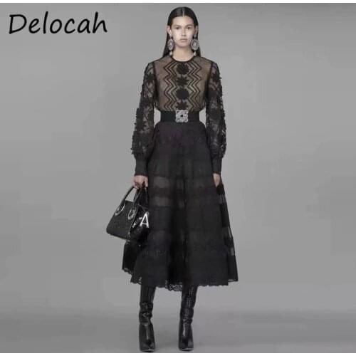 Delocah Women Summer Fashion Designer Party A-Line Dress Lantern Sleeve Lace Crystal Sashes Elegant Fit Bodycon Midi Dresses