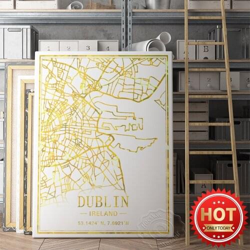 Dublin Ireland Tavel City Strees Art Map Poster, Nordic Simple Home Decor Prints, Vintage Gold Foil Art Map Decor Wall Picture